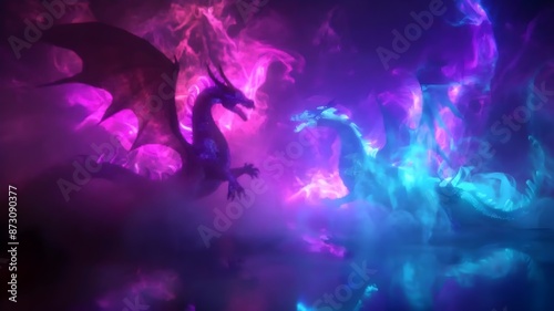 Neon dragon silhouettes dancing amidst swirling mist and shadows.  photo