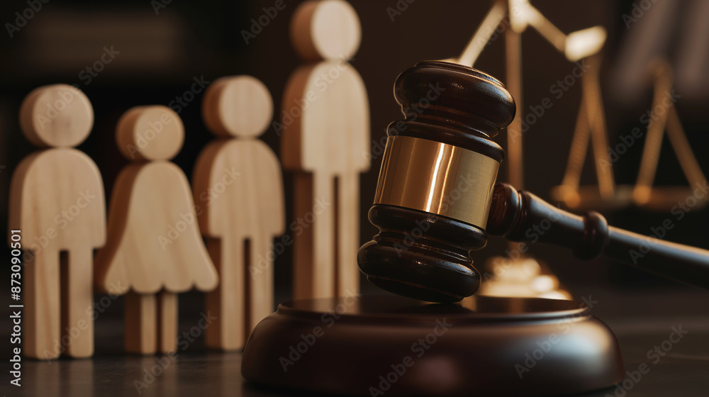 Gavel striking a sound block with blurred wooden family figures behind. Gavel striking a sound block with blurred wooden family figures behind.