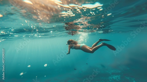 Underwater adventure young woman diving in clear blue sea for submerged exploration