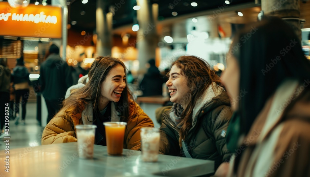 Three young women laughing and talking in a brightly lit indoor food court Three young women laughing and talking in a brightly lit indoor food court