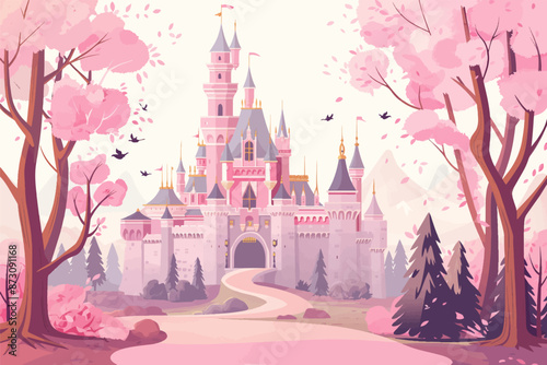 Illustration of pink castle in a forest with road to the castle, pink trees, green grass, cartoon, vector