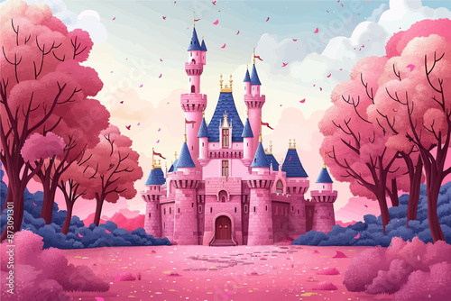 Illustration of pink castle in a pink forest, cartoon, vector