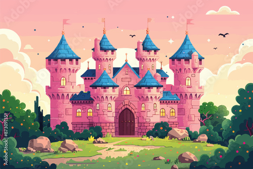 Illustration of pink castle in a forest, cartoon, vector