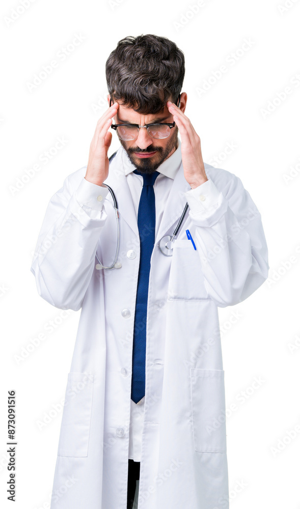 Young doctor man wearing hospital coat over isolated background with hand on head for pain in head because stress. Suffering migraine. Young doctor man wearing hospital coat over isolated background with hand on head for pain in head because stress. Suffering migraine.