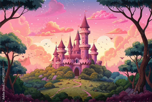 Illustration of pink castle in a forest, cartoon, vector