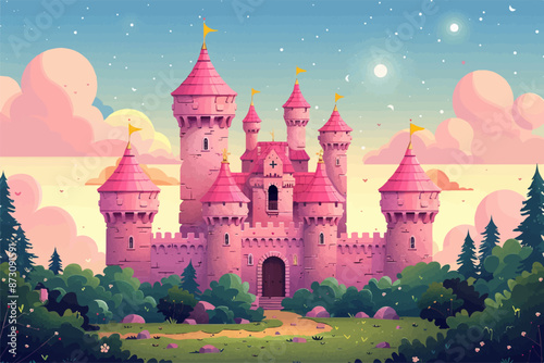 Illustration of pink castle in a forest, cartoon, vector