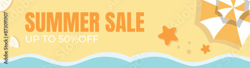 Summer sale banner with beach design background, starfish, umbrella, and shell vector illustration