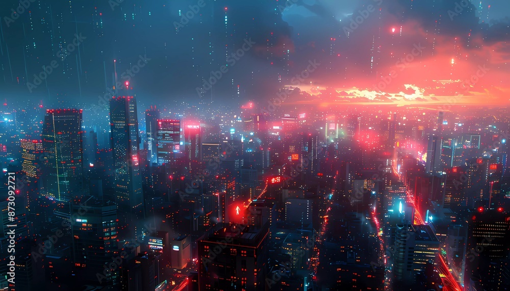 Obraz premium Code Rain, cityscape under a digital storm of glowing code, cascading down skyscrapers into streams of productivity.