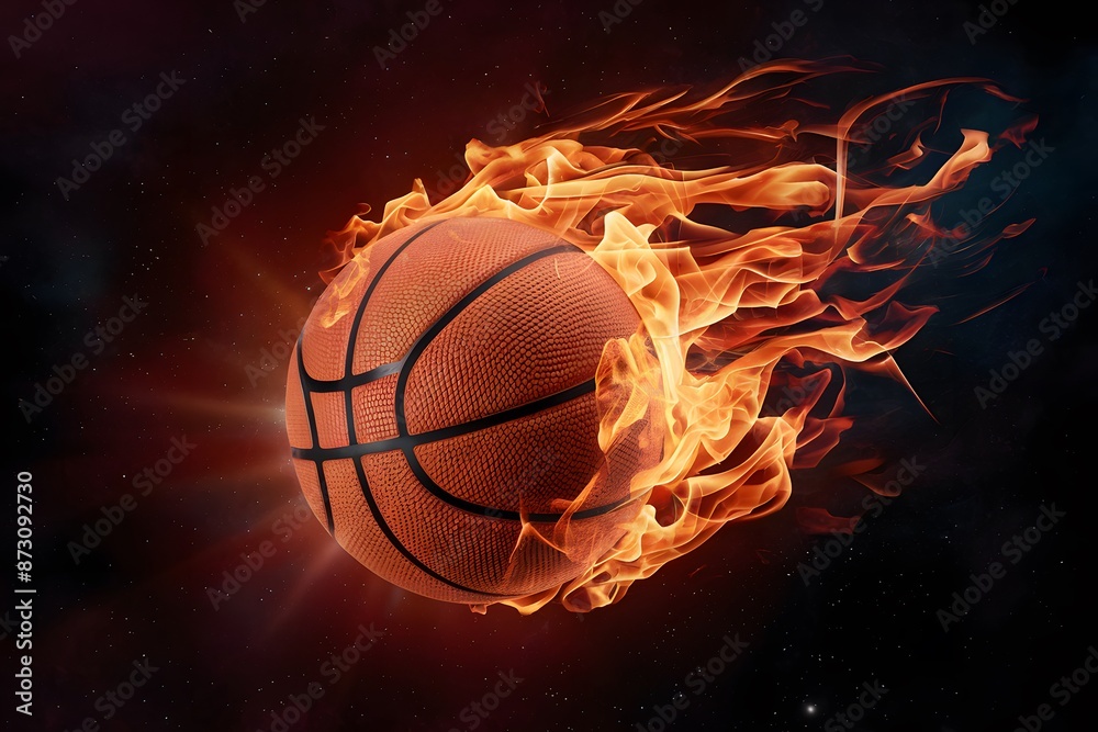 Fototapeta premium Basketball engulfed in swirling flames against a star filled space