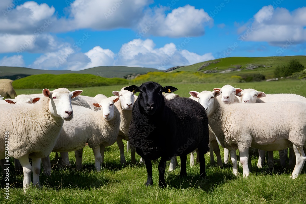 Black sheep among white sheep in lush green meadow under blue sky Black sheep among white sheep in lush green meadow under blue sky