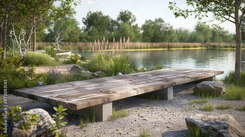 Wooden Bench by the Lake in a Tranquil Setting Wooden Bench by the Lake in a Tranquil Setting