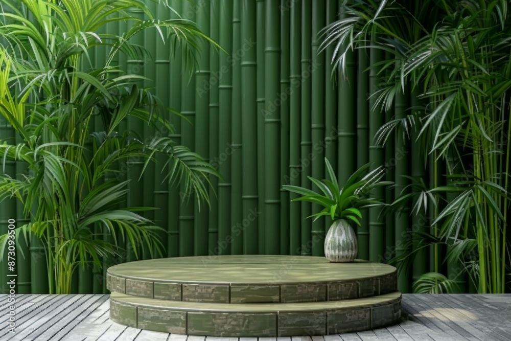 Green Bamboo Background with Wooden Platform Green Bamboo Background with Wooden Platform