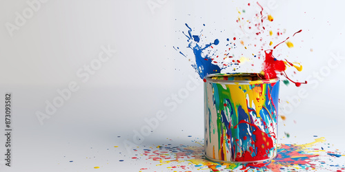 the paint flies out of the can in colorful splashes.