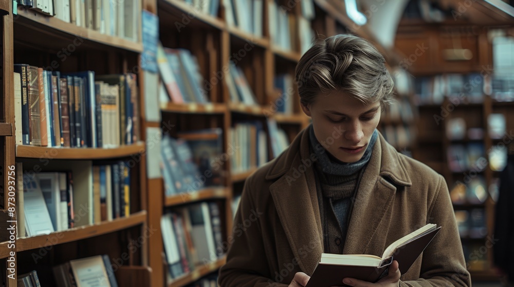 Young male student reading a book in a library Young male student reading a book in a library