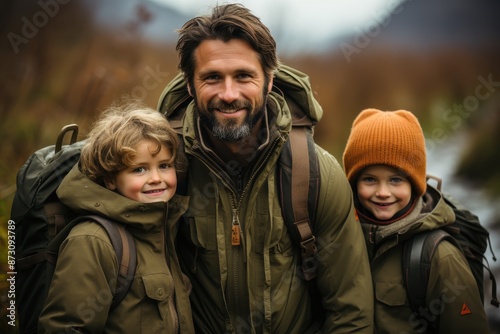 Father with two kids smiling outdoors in nature. Family adventure in the wilderness, enjoying quality time and exploring the great outdoors. © Ai-Pixel
