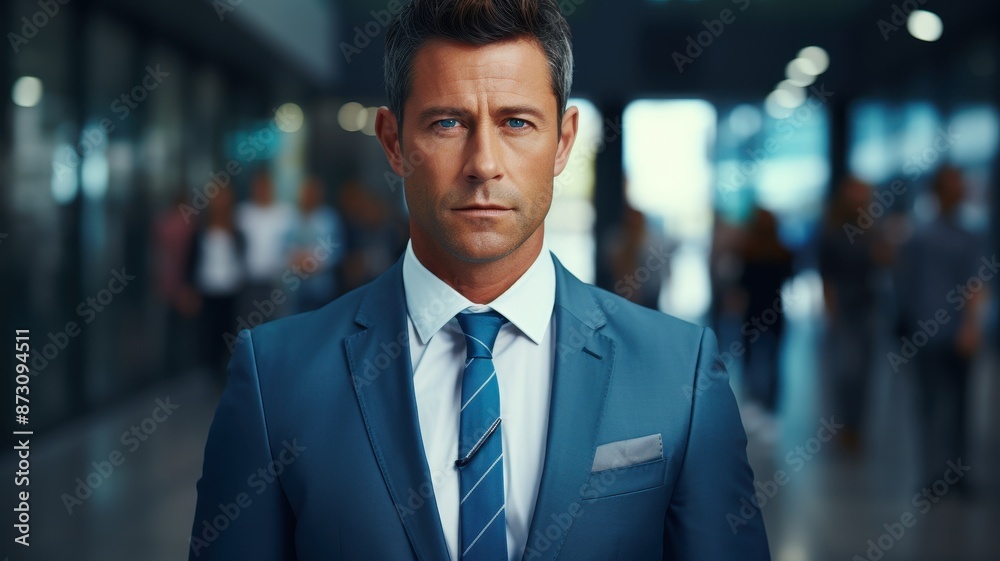 Confident businessman in blue suit standing in office corridor, focused expression, blurred people and lights in the background. Confident businessman in blue suit standing in office corridor, focused expression, blurred people and lights in the background.