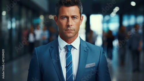 Confident businessman in blue suit standing in office corridor, focused expression, blurred people and lights in the background.
