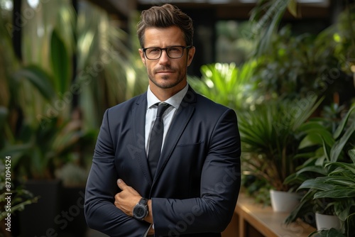 Wallpaper Mural Confident businessman in a suit and glasses, standing in a green office space filled with plants, exuding professionalism and success. Torontodigital.ca