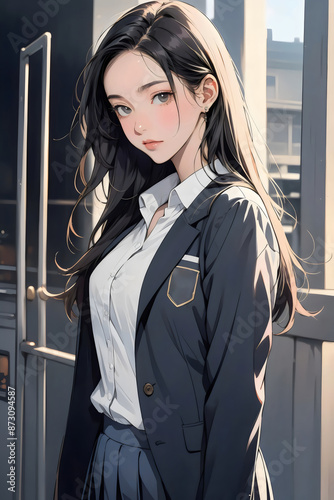 girl with long hair and a white shirt is standing in front of a window