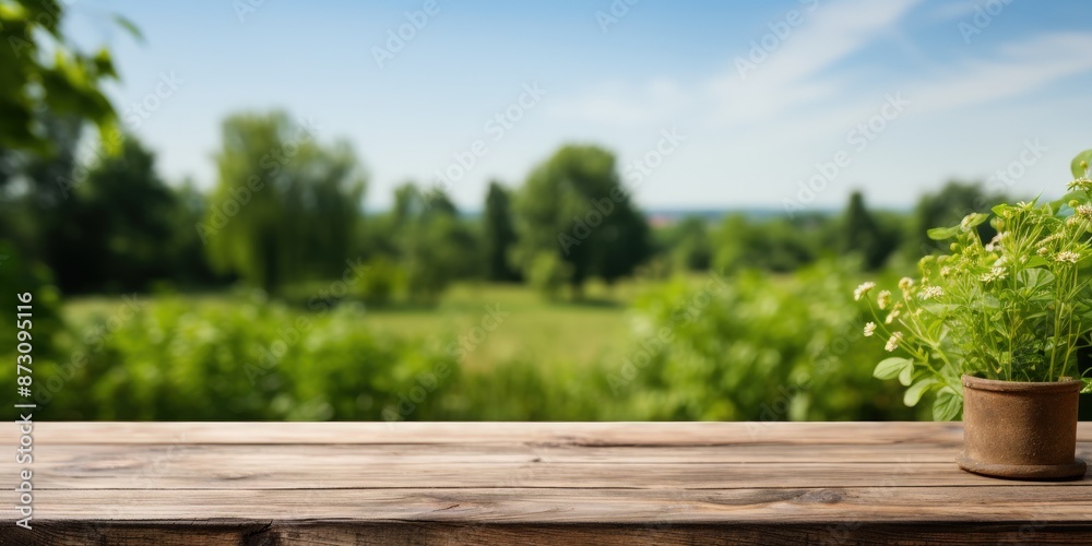 Wooden Table with Green Plant and Blurred Natural Background Wooden Table with Green Plant and Blurred Natural Background