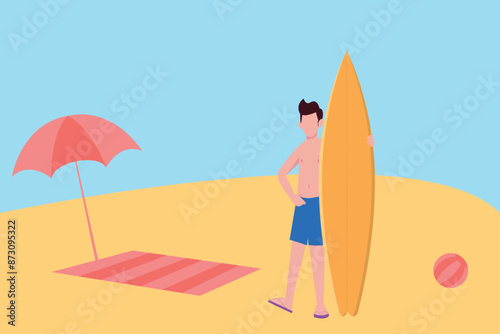 Boy standing with surfboard.