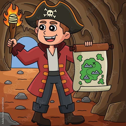 Pirate With Treasure Map Colored Cartoon  photo