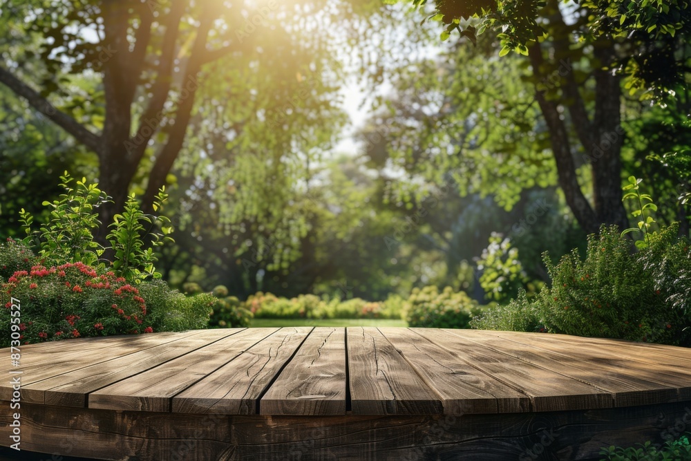 Wooden Tabletop in a Lush Green Garden Wooden Tabletop in a Lush Green Garden
