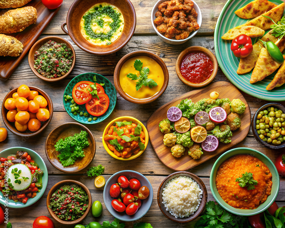 indian food and snacks, indian food and dishes, served on wooden background. indian food and snacks, indian food and dishes, served on wooden background.