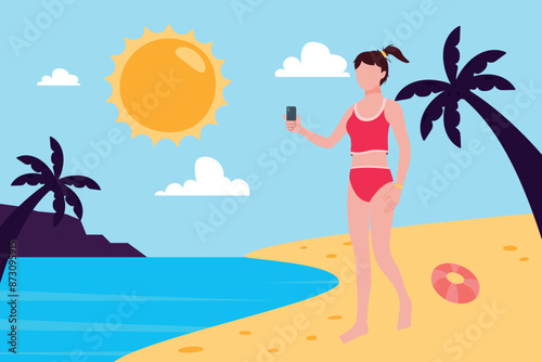 The girl is taking a picture on the beach.