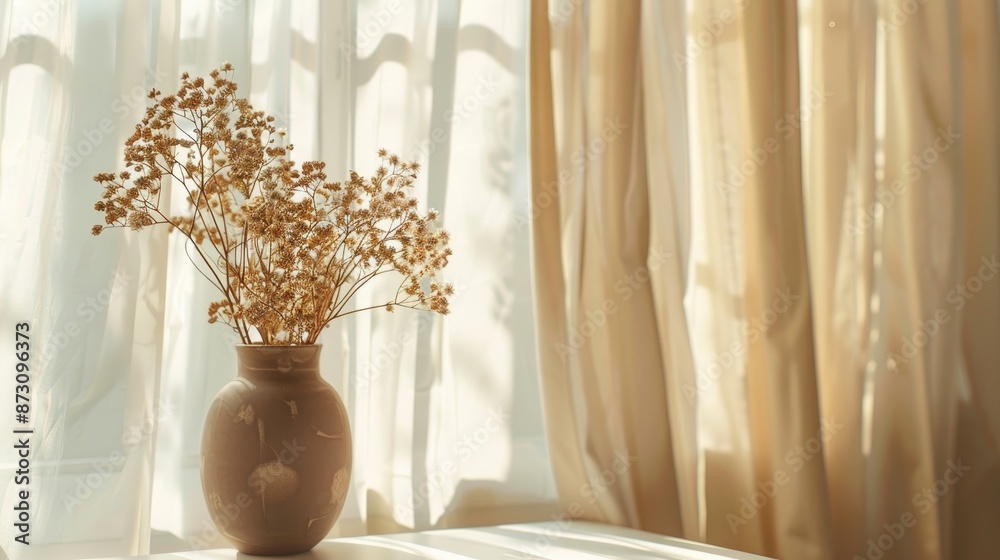 White desk with brown vase of dried autumn flowers sunlit curtains space for text White desk with brown vase of dried autumn flowers sunlit curtains space for text