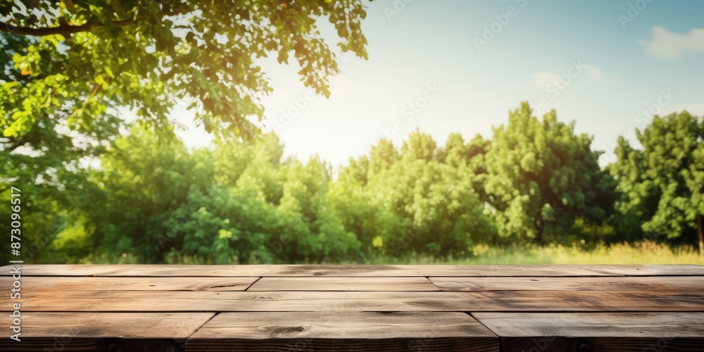 Wooden Tabletop with a Blurry Background of Lush Greenery and a Sunny Sky Wooden Tabletop with a Blurry Background of Lush Greenery and a Sunny Sky