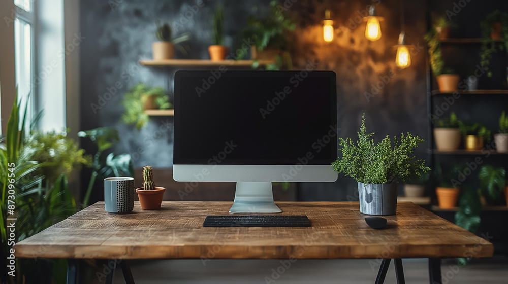 Fototapeta premium Modern wooden desk workspace with computer monitor and plants