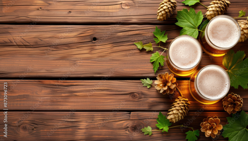 Fototapeta premium Three glasses of beer are on a wooden table with pine cones and leaves