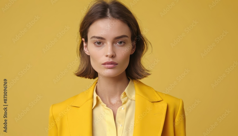 Beautiful skinny model French style woman with beauty skin in fashionable modern clothes on yellow background. Generative AI Beautiful skinny model French style woman with beauty skin in fashionable modern clothes on yellow background. Generative AI