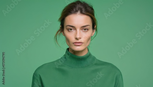 Beautiful skinny model French style woman with beauty skin in fashionable modern clothes on green background. Generative AI © Vitaliy