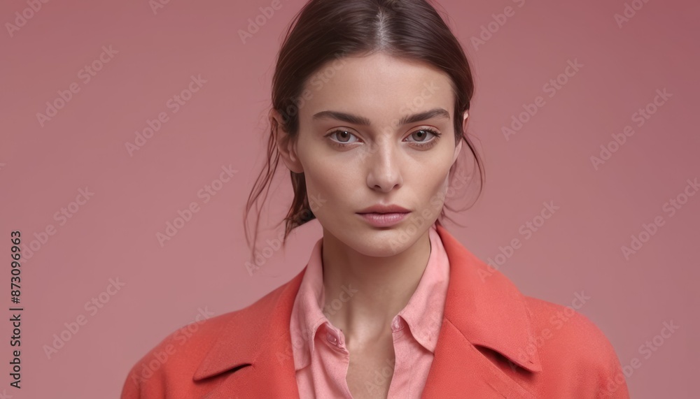 Beautiful skinny model French style woman with beauty skin in fashionable modern clothes on powdery pink background. Generative AI Beautiful skinny model French style woman with beauty skin in fashionable modern clothes on powdery pink background. Generative AI