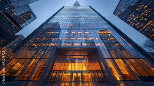 Wallpaper Mural A towering skyscraper with large glass windows, showcasing the modern architecture of corporate buildings. The exterior is sleek and shiny, reflecting lights from nearby office towers. Torontodigital.ca