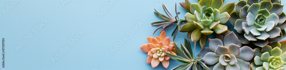 Obraz premium Artistic arrangement of various succulents against a blue background, showcasing modern plant decor and botanical beauty. Perfect for design projects and home decor.