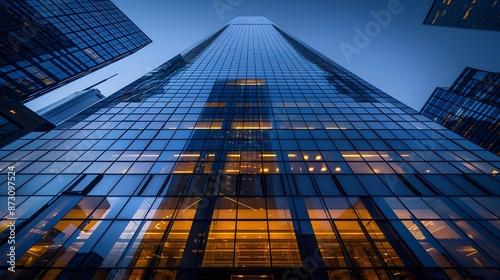 Wallpaper Mural A towering skyscraper with large glass windows, showcasing the modern architecture of corporate buildings. The exterior is sleek and shiny, reflecting lights from nearby office towers. Torontodigital.ca
