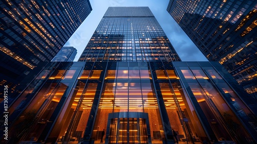 Wallpaper Mural A towering skyscraper with large glass windows, showcasing the modern architecture of corporate buildings. The exterior is sleek and shiny, reflecting lights from nearby office towers. Torontodigital.ca