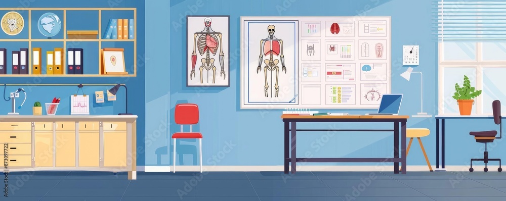 Modern medical office with anatomical charts, desk, shelves, and blue walls, providing a clean and professional healthcare environment. Modern medical office with anatomical charts, desk, shelves, and blue walls, providing a clean and professional healthcare environment.