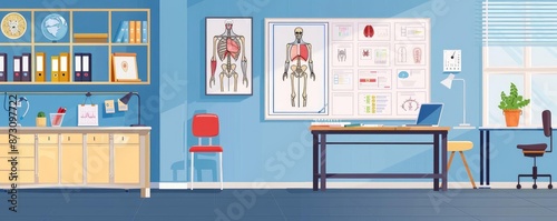 Modern medical office with anatomical charts, desk, shelves, and blue walls, providing a clean and professional healthcare environment.