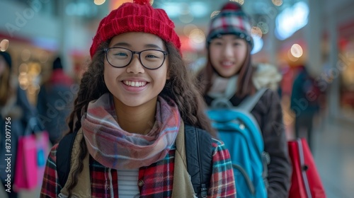 Smiling Teenage Girls Shopping During Winter Season at Mall. Generative ai