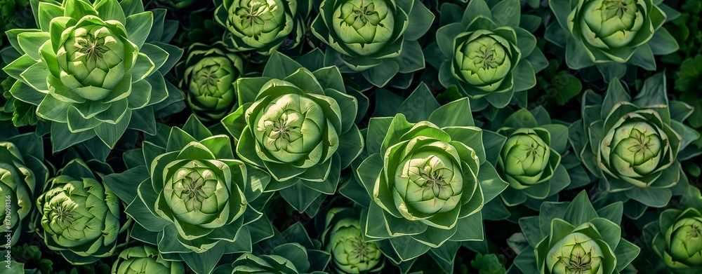 Green hop cones and leaves scattered on a dark green background, creating a vibrant and textured botanical scene. Green hop cones and leaves scattered on a dark green background, creating a vibrant and textured botanical scene.