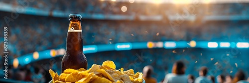 A beer bottle and chips set against the backdrop of a lively sports stadium, capturing the excitement of a live game.