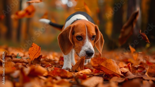 A beagle sniffing through fallen autumn leaves, capturing a moment of curiosity and the beauty of the fall season.