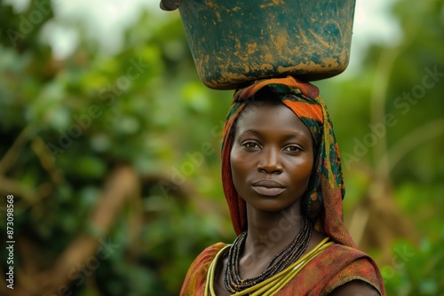 a woman carrying a bucket on her head in the forest of the african country of ethiopia by james watson photo