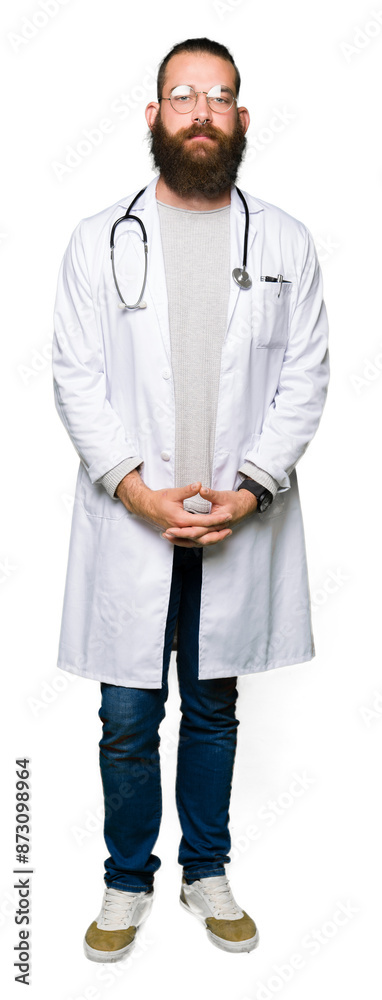 Young blond doctor man with beard wearing medical coat Hands together and fingers crossed smiling relaxed and cheerful. Success and optimistic Young blond doctor man with beard wearing medical coat Hands together and fingers crossed smiling relaxed and cheerful. Success and optimistic