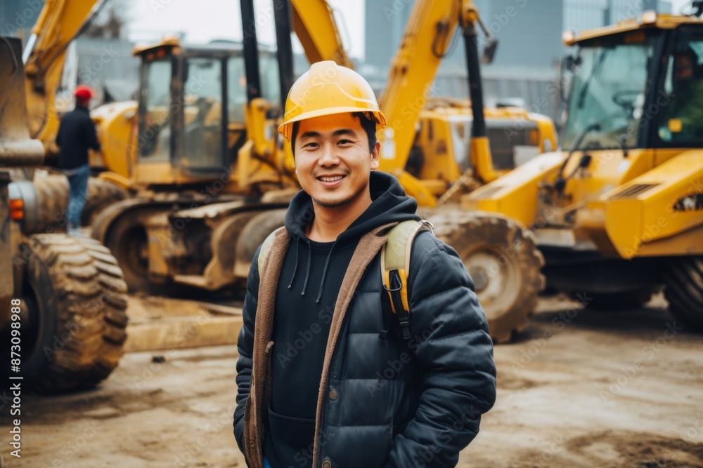 Portrait of a young man standing next to heavy machinery on construction site Portrait of a young man standing next to heavy machinery on construction site