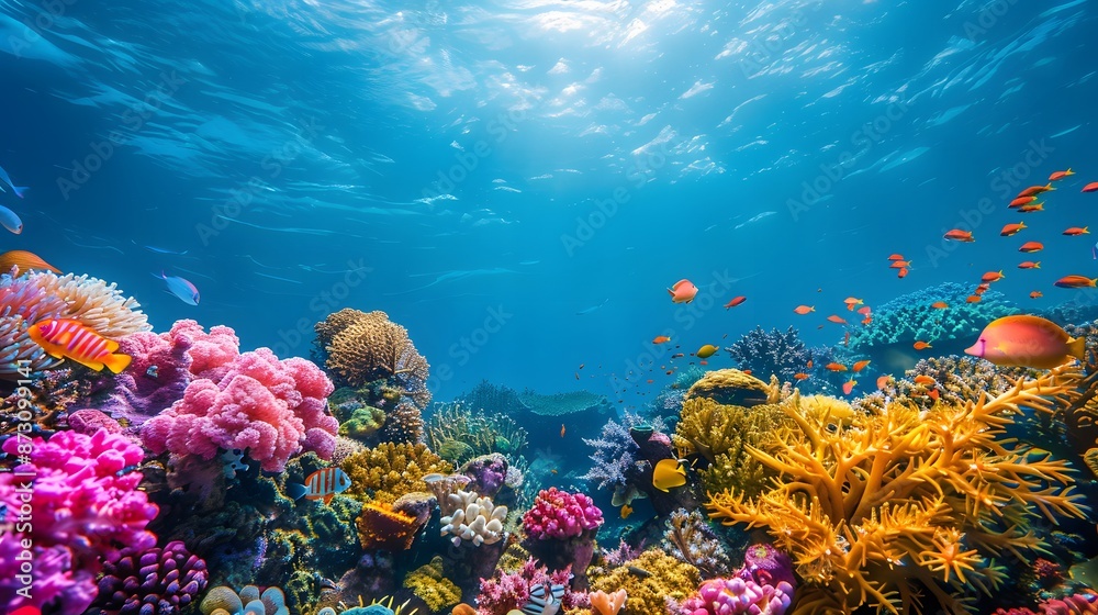 Obraz premium A vibrant coral reef teeming with colorful fish, coral and sea plants. The water is a deep blue with gentle ripples, creating an underwater scene.